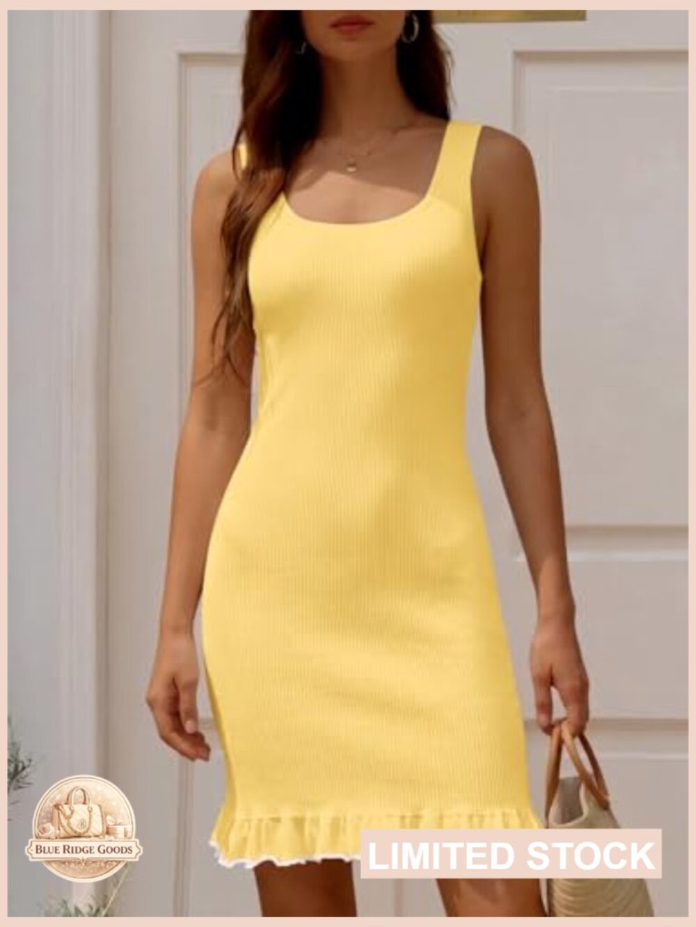 Square Neck Ruffle Mini Dress Sleeveless Ribbed Knit Slimming Bodycon Date Night - Picture 2 of 7